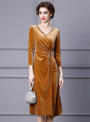 Yellow Velvet 3/4 Sleeve Mother Of The Bride Dress