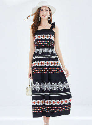 Holiday Bow Vintage Printed Pleated Dress