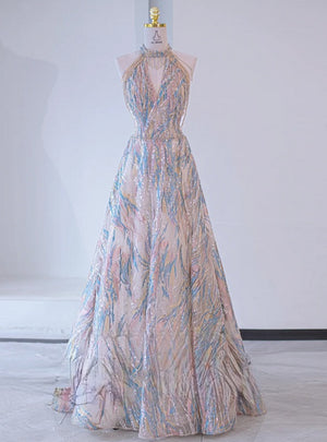 Champagne Sequins Halter Beading Prom Dress