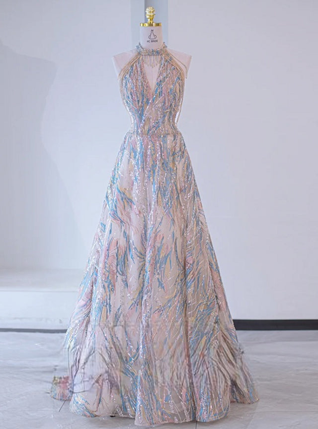 Champagne Sequins Halter Beading Prom Dress