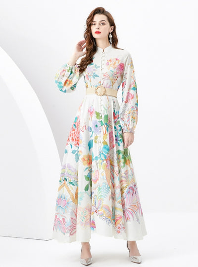 Printed Slim Long Bubble Sleeve Dress