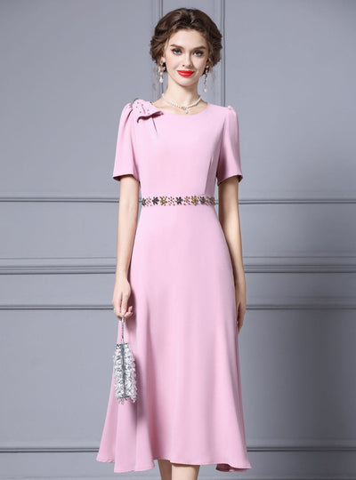 Pink Short Sleeve Beading Mother Of The Bride Dress