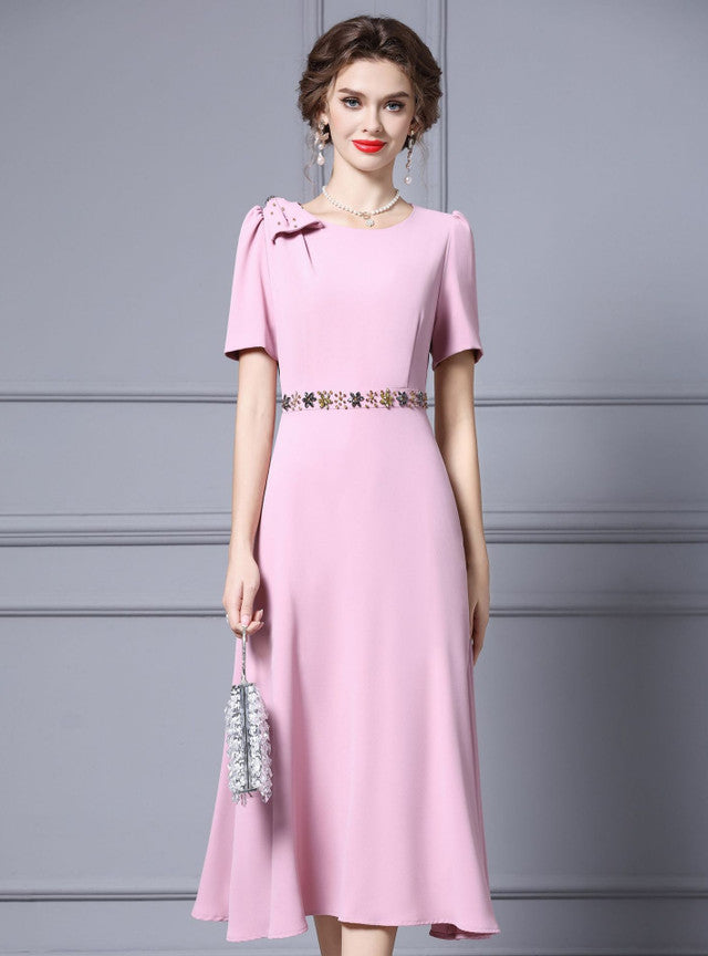 Pink Short Sleeve Beading Mother Of The Bride Dress