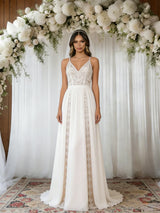 White Lace Chiffon Spaghetti Straps Wedding Dress