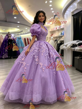 Purple Puff Sleeve Appliques Quinceanera Dress