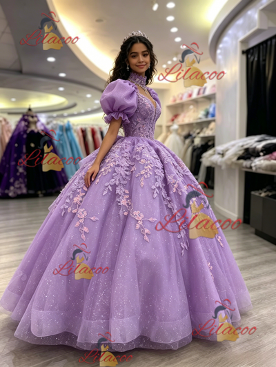Purple Puff Sleeve Appliques Quinceanera Dress