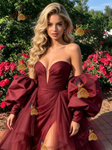 Burgundy Tulle Pleats Long Sleeve Prom Dress