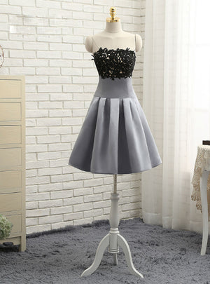 Gray Satin Lace Strapless Homecoming Dress