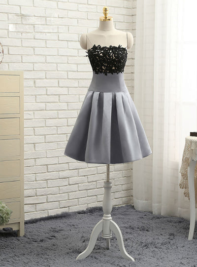 Gray Satin Lace Strapless Homecoming Dress