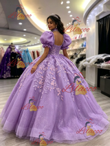 Purple Puff Sleeve Appliques Quinceanera Dress
