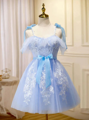 Blue Tulle Appliques Homecoming Dress