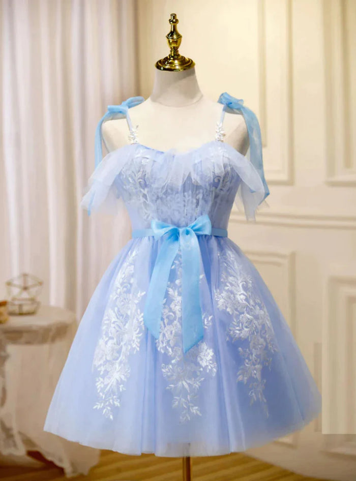 Blue Tulle Appliques Homecoming Dress