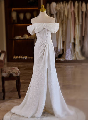 White Mermaid Split Pleats Prom Dress