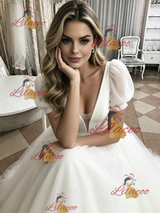 White Tulle V-neck Puff Sleeve Wedding Dress