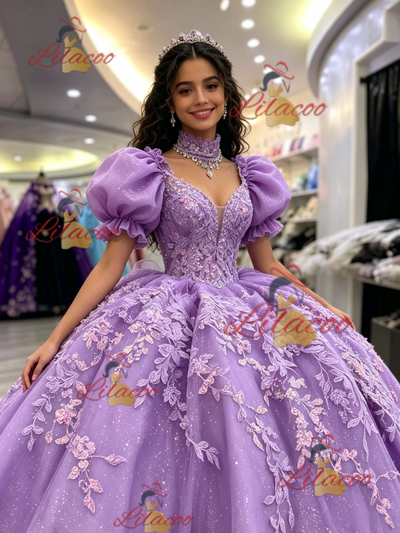 Purple Puff Sleeve Appliques Quinceanera Dress