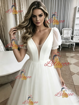 White Tulle V-neck Puff Sleeve Wedding Dress