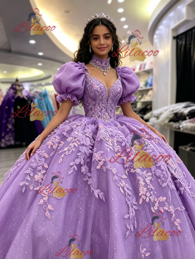 Purple Puff Sleeve Appliques Quinceanera Dress