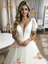 White Tulle V-neck Puff Sleeve Wedding Dress