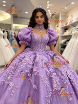 Purple Puff Sleeve Appliques Quinceanera Dress