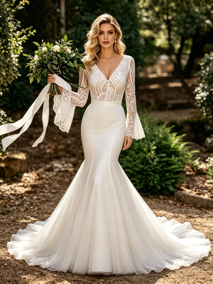 White Mermaid V-neck Long Sleeve Wedding Dress