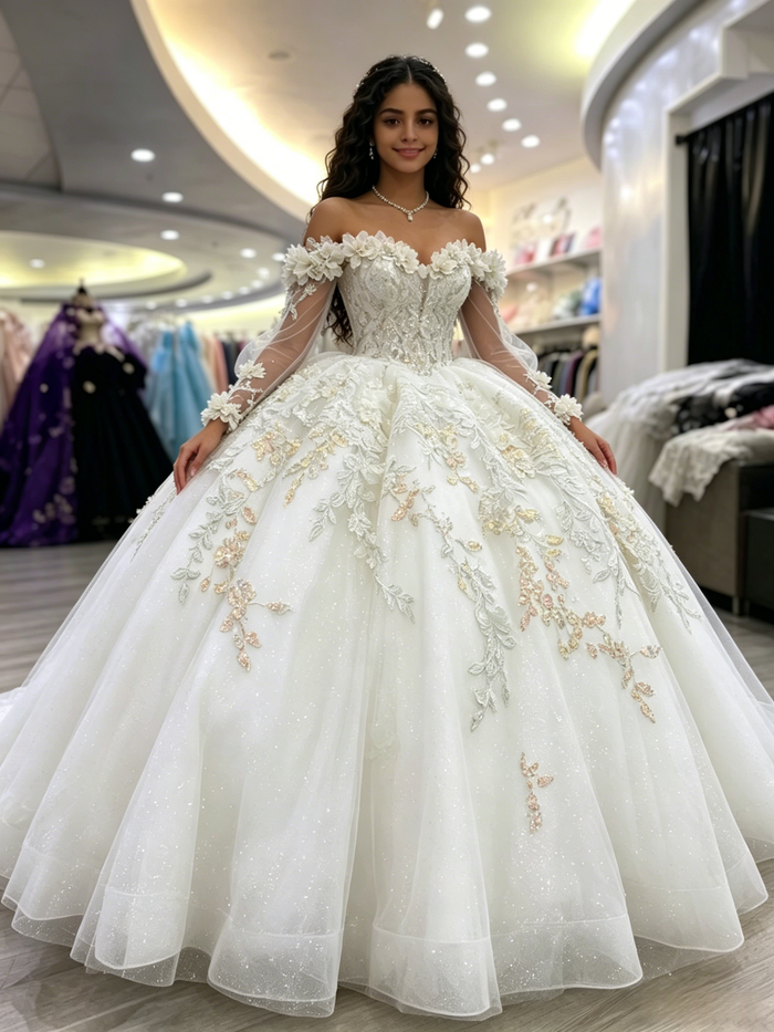 White Tulle Long Sleeve Appliques Quinceanera Dress
