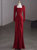 Burgundy Long Sleeve Satin Pleats Prom Dress