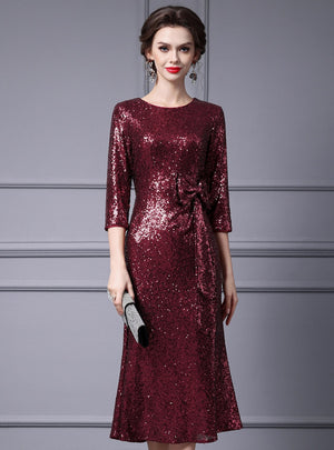 Burgundy Sequins Bow Mother Of The Bride Dress