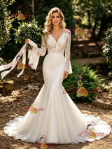 White Mermaid V-neck Long Sleeve Wedding Dress