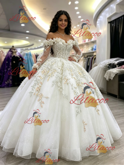 White Tulle Long Sleeve Appliques Quinceanera Dress