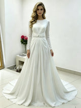 White Chiffon Long Sleeve Pleats Beading Wedding Dress