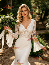 White Mermaid V-neck Long Sleeve Wedding Dress