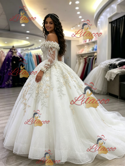 White Tulle Long Sleeve Appliques Quinceanera Dress