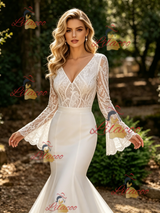 White Mermaid V-neck Long Sleeve Wedding Dress