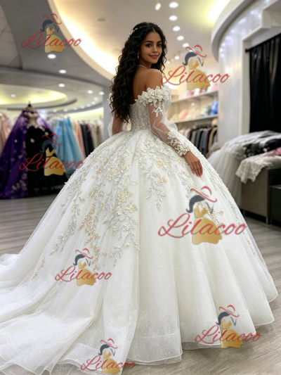 White Tulle Long Sleeve Appliques Quinceanera Dress