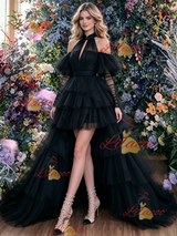 Black Hi Lo Tulle Halter Prom Dress