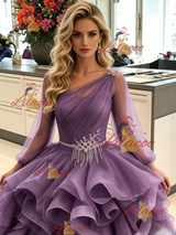 Purple Tulle Long Sleeve Pleats Prom Dress