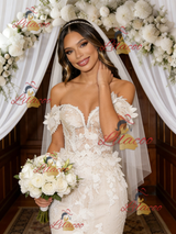 Beige White Mermaid Lace Off the Shoulder Wedding Dress