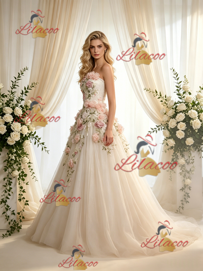 Ivory Tulle One Shoulder Appliques Wedding Dress