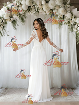White Chiffon Long Sleeve Lace Wedding Dress