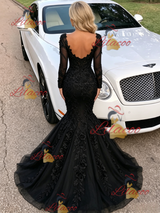 Black Mermaid Long Sleeve V-neck Prom Dress