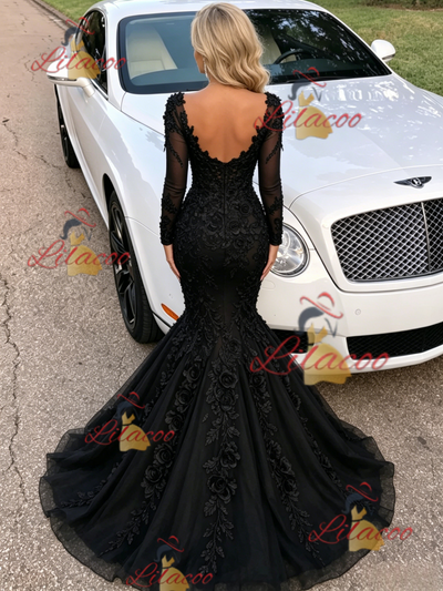 Black Mermaid Long Sleeve V-neck Prom Dress