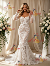 White Mermaid Tulle Lace Long Sleeve Wedding Dress