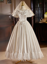 White Satin Lace Puff Sleeve Bow Wedding Dress