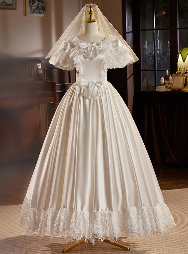 White Satin Lace Puff Sleeve Bow Wedding Dress