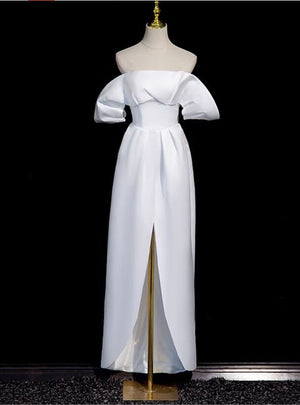White Satin Off the Shoulder Split Wedding Dress