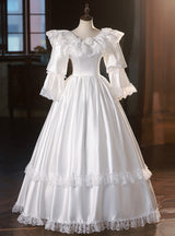 Vintage White Satin Long Sleeve Lace Wedding Dress