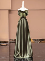 Green Satin Velvet Off the Shoulder Prom Dress
