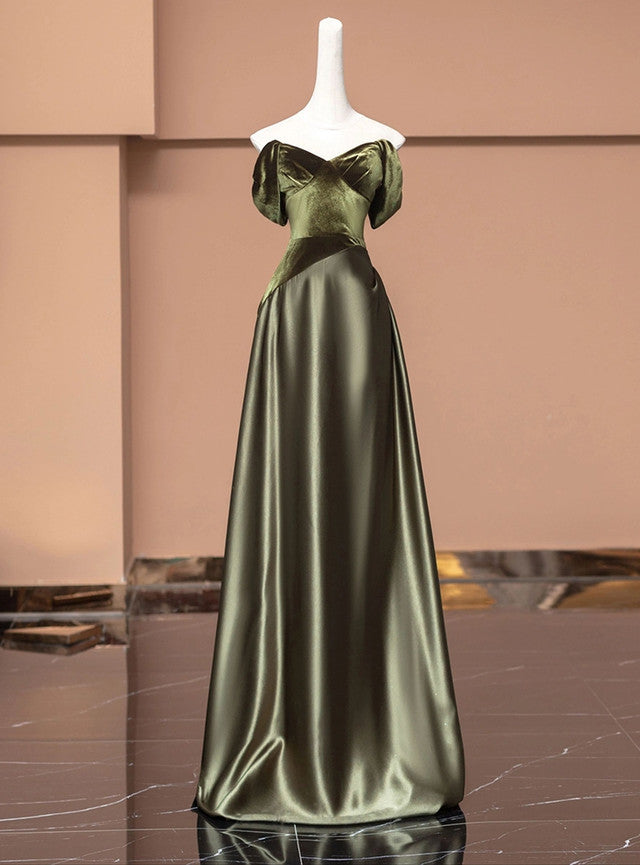 Green Satin Velvet Off the Shoulder Prom Dress