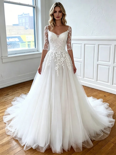 White Tulle Appliques Short Sleeve Wedding Dress