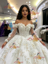 White Tulle Long Sleeve Appliques Quinceanera Dress